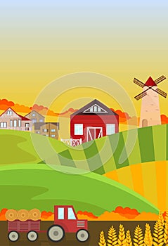 Autumn fields harvest season. Landscape Vector backgrounds