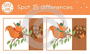 Autumn find differences game for children. Fall season educational activity with squirrel sitting near the tree hollow. Printable