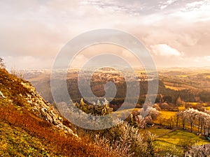 Autumn first frost landscape with dramatic cloudy sky