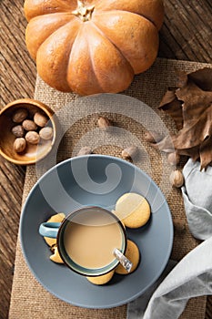 Autumn flat lay with soup and pumpkin