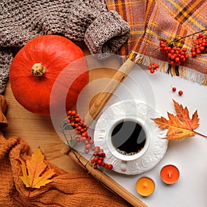 Autumn flat in the Scandinavian hugg style with hot tea, coffee, yellow leaves, cozy knitwear, a book, a pumpkin and gloves