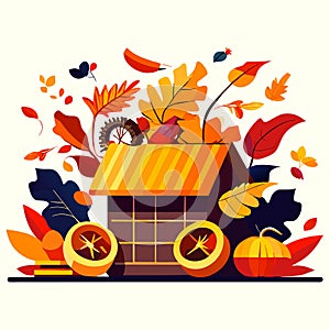 Autumn flat vector illustration. Fall background with pumpkins, autumn leaves, chestnuts, leaves. AI generated