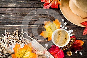 Autumn Flatlay with Cappuccino or hot chocolate