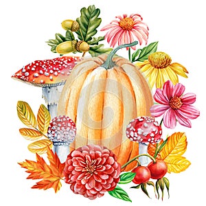 Autumn flora. Pumpkin, flowers, leaves, mushroom on isolated background, watercolor botanical illustration, hand drawing