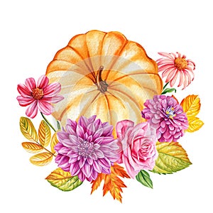 Autumn flora. Pumpkin, flowers and yellow leaves on isolated background, watercolor botanical illustration, hand drawing