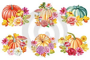 Autumn flora. Pumpkin, flowers and yellow leaves on isolated background, watercolor botanical illustration, hand drawing