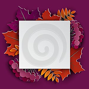 Autumn floral paper cut frame and paper colorful tree leaves on purple background. Autumnal design for fall season banner