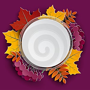 Autumn floral paper cut frame and paper colorful tree leaves on purple background. Autumnal design for fall season sale banner, po