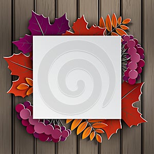 Autumn floral paper cut frame, paper colorful tree leaves on wooden background. Autumnal design, fall season sale banner, poster