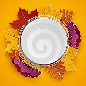 Autumn floral paper round frame and colorful tree leaves on yellow background. Autumnal design for fall season greeting card, sale