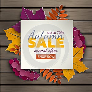 Autumn floral sale banner with paper cut frame and colorful tree leaves on wood background. Autumnal design for fall season banner