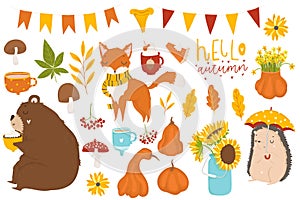 Autumn floral seamless pattern in doodle style