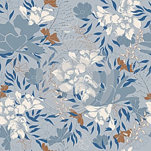 Autumn floral seamless pattern for fabric. Vector ornament from flowers and leaves on a gray background. Vintage texture