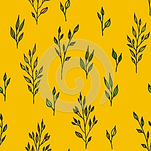 Autumn floral seamless pattern, hand drawn branches with leaves in warm colors