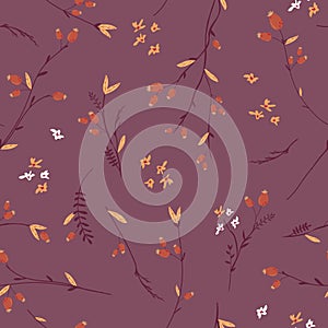 Autumn Floral Seamless Pattern with Leaves and Flowers. Fall Vintage Nature Background for Textile, Wallpaper