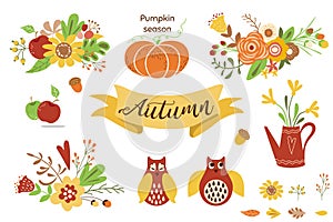 Autumn floral set. Colorful floral elements for fall floral clipart Flowers owl pumpkin apple floral bouquet vector