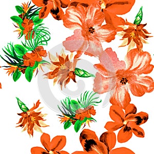 Autumn Flower Backdrop. Yellow Hibiscus Backdrop. Orange Tropical Leaves. Red Exotic Textile . Seamless Garden. Pattern Garden. Fl