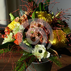 Autumn flower bouquet, light spots on colorful flowers with dark background