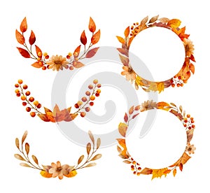 Autumn flower and leaves watercolor style. Wreaths and frame border