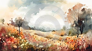 Autumn Flower Meadow Watercolor Illustration for Invitations and Posters.