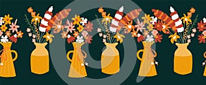 Autumn Flower vase seamless vector border. Repeating horizontal pattern with colorful fall flowers. Use for autumn decor