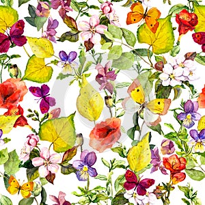 Autumn flowers, butterflies. Ditsy repeating floral pattern. Watercolor