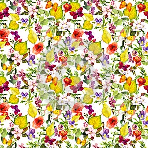 Autumn flowers, butterflies. Ditsy repeating floral pattern. Watercolor