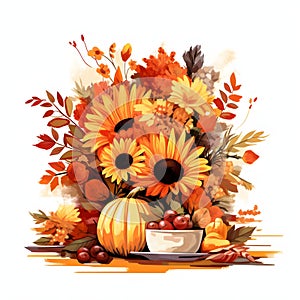 Autumn flowers collected from the field and harvest. Pumpkin as a dish of thanksgiving for the harvest, picture on a white
