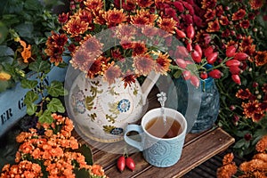 Autumn flowers with cup of tea