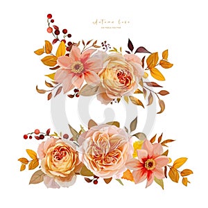 Autumn flowers. Watercolor vector floral bouquet. Fall wedding invite, Thanksgiving greeting card design elements set. Peach