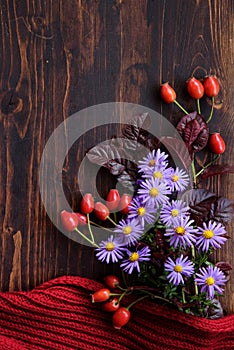 Autumn flowers on wood background