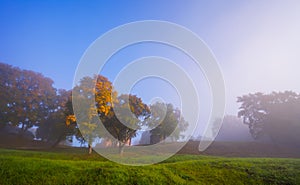 Autumn foggy landscape of Lithuanian historic capital Kernave, foggy landscape of Kernave mounds