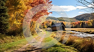Autumn Foliage: Meadow With Covered Bridge In Vermont