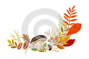 Autumn Foliage with Mushroom and Acorn Semicircular Vector Composition