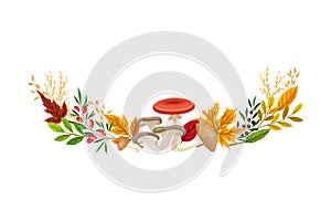 Autumn Foliage with Mushroom and Berry Twigs Semicircular Vector Composition