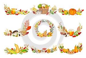 Autumn Foliage with Mushroom and Pumpkin in Semicircular Composition Vector Set