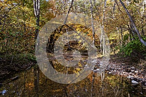 Autumn foliage reflected in a creek at Cuivre River State Park near Troy, Mo