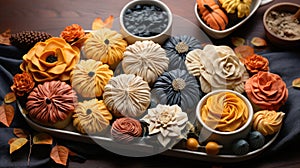 Autumn food concept. Fall backing. Assorted of pies, appetizers and desserts.