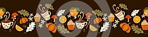 Autumn food seamless pattern with, leaves, acorn, cinnamon, coffee, pumpkin, cupcake and mushrooms