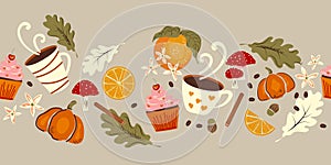 Autumn food seamless pattern with, leaves, acorn, cinnamon, coffee, pumpkin, cupcake and mushrooms