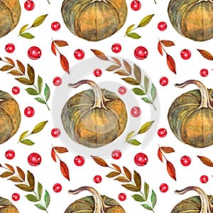 Autumn food. Seamless pattern watercolor yellow pumpkin, red currant berries, orange branch leaves on white. Hand-drawn