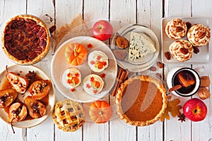 Autumn food table scene with pies, appetizers and desserts. Top view over a white wood background.