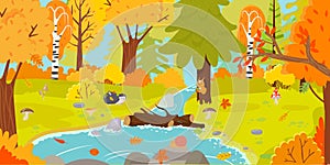 Autumn forest. Autumnal nature landscape, yellow forests trees and woodland fall leaves cartoon vector illustration