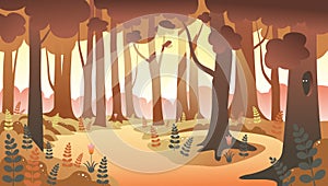 Autumn forest. Autumnal nature landscape, yellow forests trees and woodland fall leaves cartoon vector illustration