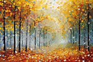 Autumn forest background with bokeh lights and falling leaves