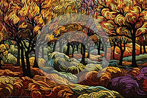 Autumn forest background with colorful trees and leaves
