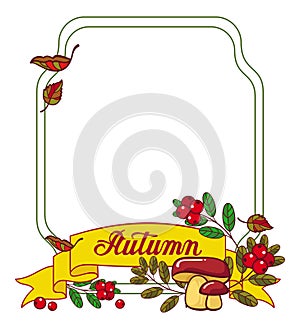 Autumn forest background with mushrooms, cranberries