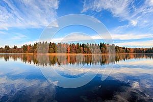 Autumn forest and blue sky reflect on the smooth surface of the lake. Panorama, wide angle, fish eye lens.