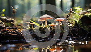 Autumn forest, close up green leaf, yellow toadstool growth generated by AI