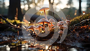 Autumn forest, close up of yellow toadstool, nature beauty generated by AI